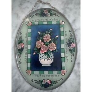 Joan Baker Designs Handpainted Glass Suncatcher Grandmother Floral Rose Oval 6"